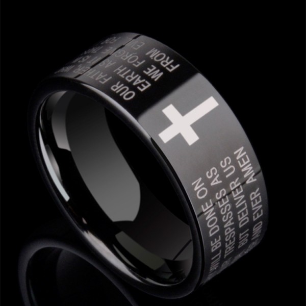 Engravable The Lord's Prayer Black Cross Wedding Band For Men In Tungsten