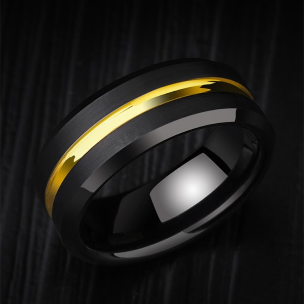 Engravable Yellow And Black Wedding Band For Men In Tungsten