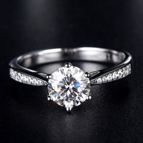 Engravable Solitaire with Side Accent Round Cut 1ct Moissanite Promise Ring For Women