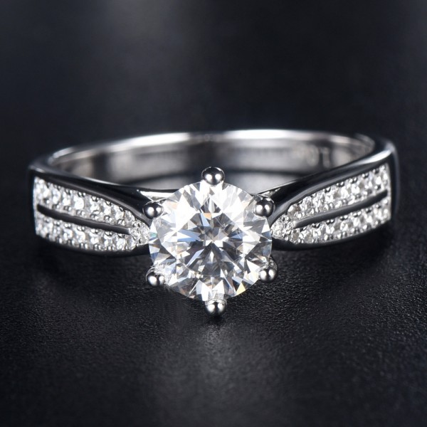 Engravable Solitaire with Side Accent 1ct Moissanite Promise Ring In Sterling Silver