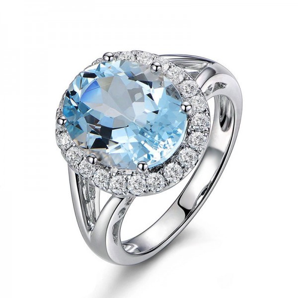 Engravable Halo Blue Topaz Promise Ring For Women In Sterling Silver