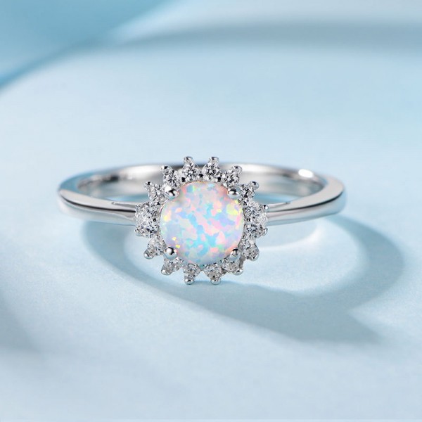 Engravable Round Cut Opal Flower Promise Ring For Women In Sterling Silver