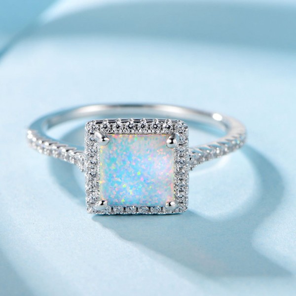 Engravable Princess Cut Opal Promise Ring For Women In Silver