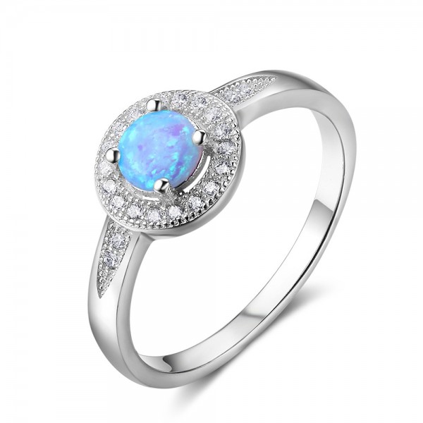 Engravable Round Cut Cluster Opal Promise Ring For Women In Sterling Silver
