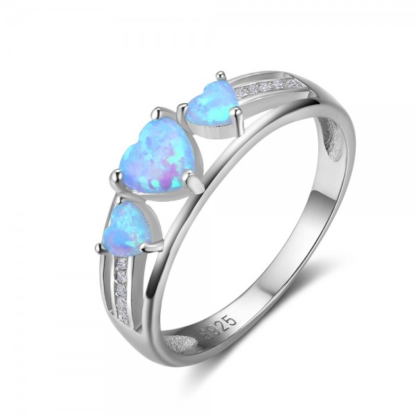 Engravable 3 Heart Cut Opal Promise Ring For Women In Sterling Silver