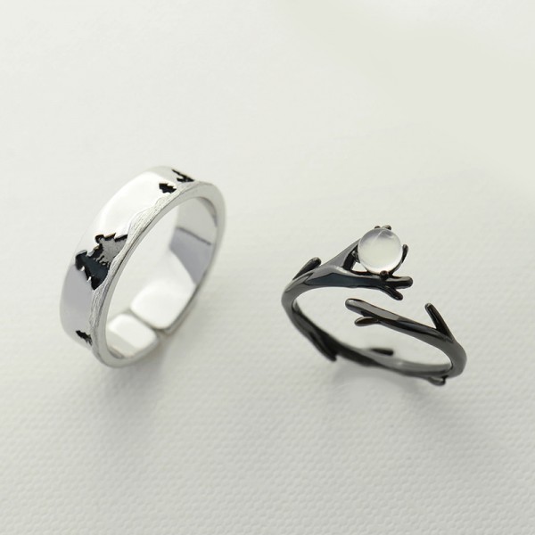 Adjustable Moonlight Forest Matching Promise Rings For Couples In Sterling Silver