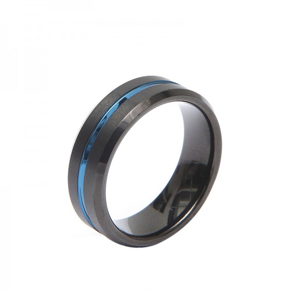 Engravable Blue And Black Two-Tone Tungsten Ring For Men