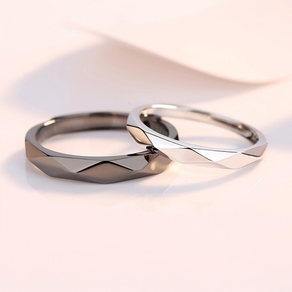 Engravable Day And Night Rhombic Matching Couple Promise Rings In Sterling Silver