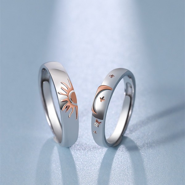 Adjustable Sun And Moon Matching Promise Rings For Couples In Sterling Silver