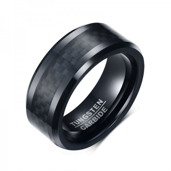 Engravable Black Promise Ring For Men In Tungsten And Carbon Fiber