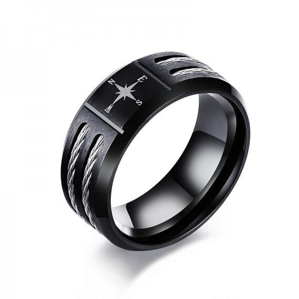 Engravable Black Compass Promise Ring For Men In Titanium