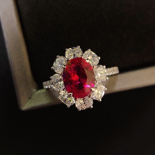 Engravable Oval Cut 2 Ct Ruby Flower Promise Ring For Her In Sterling Silver