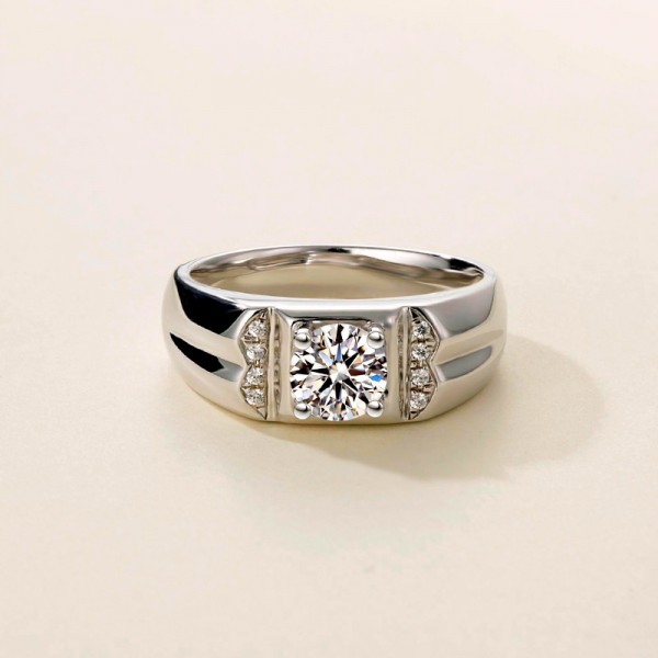 Round Cut 1 Carat tw Solitaire With Side Accent Mens Moissanite Rings In 9K White Gold