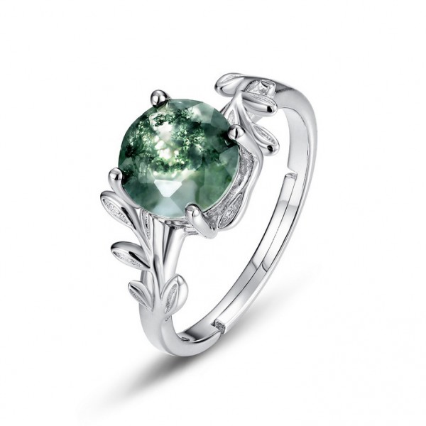 Adjustable Art Deco Leaf Moss Agate Antique Wedding Ring Set For Women In Sterling Silver