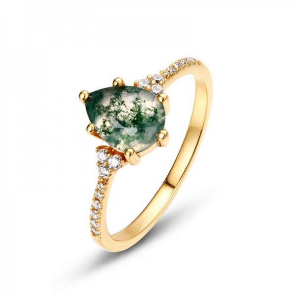 Oval Cut Moss Agate Gemstone Wedding Ring For Women In Sterling Silver
