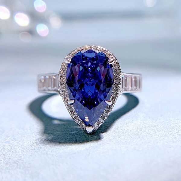 Ocean Blue Pearl Cut Engagement Ring For Women
