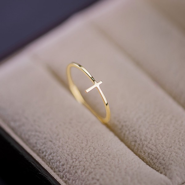 Simple Cross Glossy Thin Tail Promise Ring For Women In 14K Gold