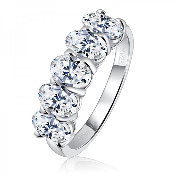 Engravable 1/3 Set Eternity Oval Cut Diamond Anniversary Ring For Women In Sterling Silver