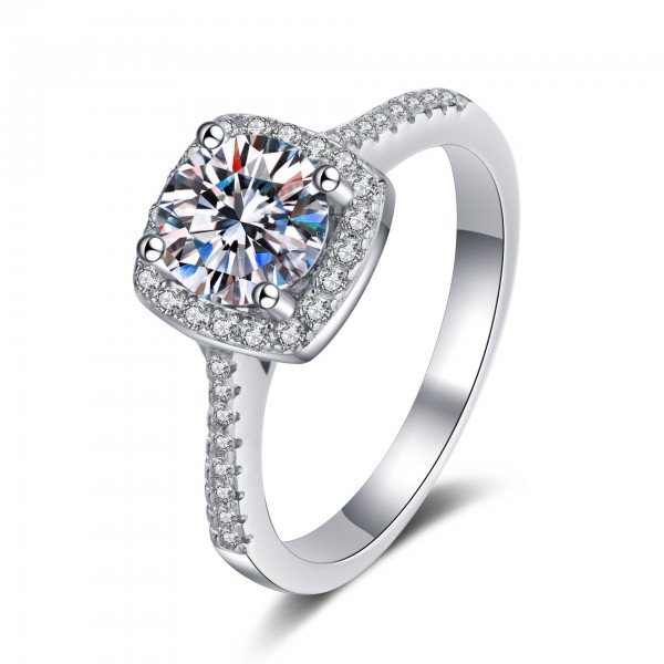 Engravable 1ct Moissanite Halo Engagement Ring with Side Accent For Women In Sterling Silver