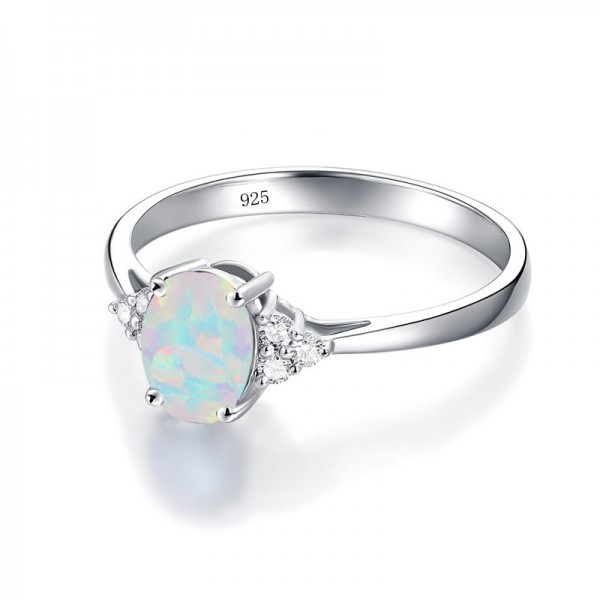 Engravable Simple Oval Cut Natural Opal Ring For Women In Sterling Silver