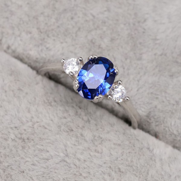 Adjustable Three Stones Blue Solitaire Oval Cut Ring For Women