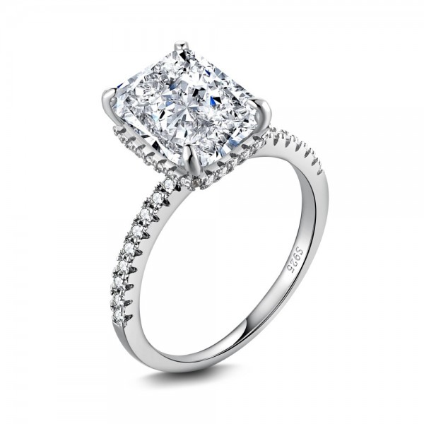Engravable Radiant Cut Engagement Ring with Side Accent For Women In Sterling Silver