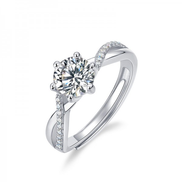 Adjustable Moissanite Solitaire Ring with Side Accent For Women In Sterling Silver
