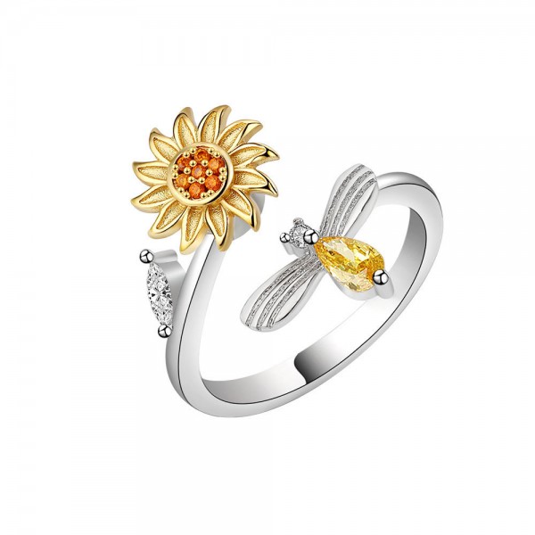 Personalized Spinning Sunflower And Bee Ring For Women In Sterling Silver