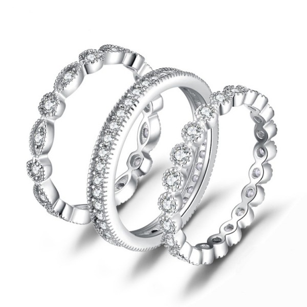 Women's 3 Pcs Stackable White Scalloped Eternity Ring Set