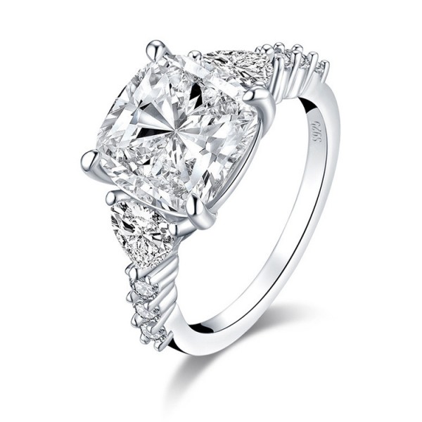 Women's Three Stone Solitaire with Side Accent Engagement Ring For In Sterling Silver
