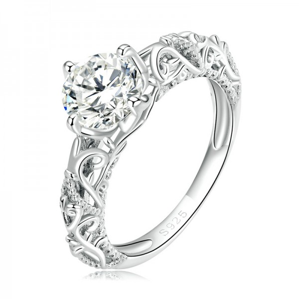 Vintage Floral Engraved Engagement Ring For Women In Sterling Silver