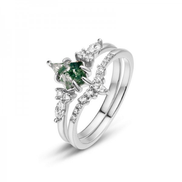Stackable Marquise Cut Green Moss Agate Engagement Ring For Women In Sterling Silver