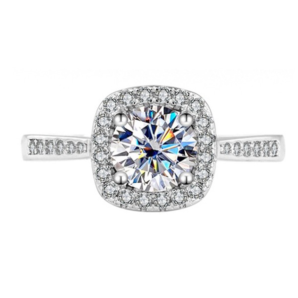 Engravable 1ct Moissanite Halo Engagement Ring with Side Accent For Women In Sterling Silver