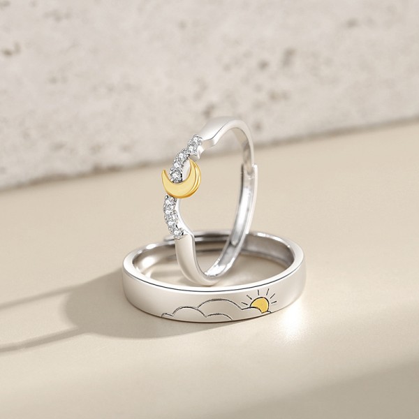 Engravable Sun and Moon Adjustable Couple Rings Plated in Sterling Silver
