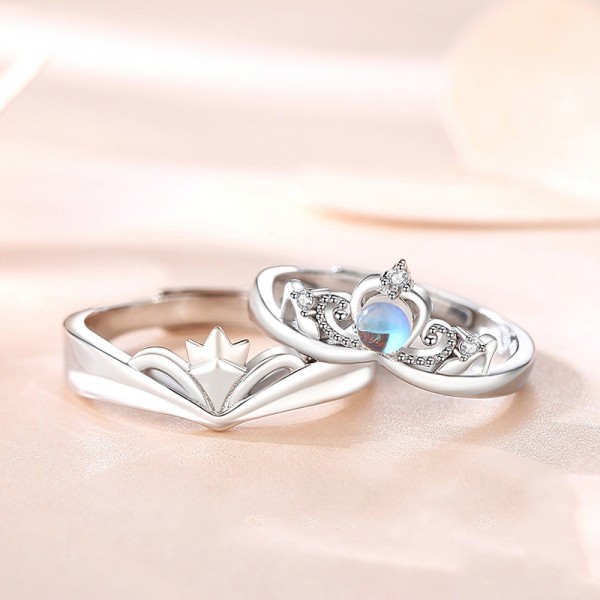 Engravable Princess and Prince Crown Adjustable Couple Rings in Sterling Silver