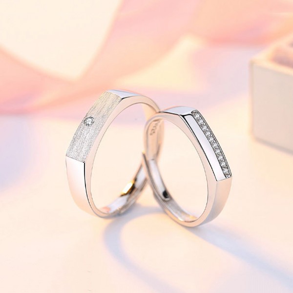 Adjustable Engravable Partly Frosted 925 Sterling Silver Couple Rings