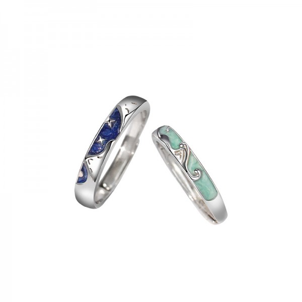 Adjustable Engrave Ocean and Star Couple Rings in 925 Sterling Silver