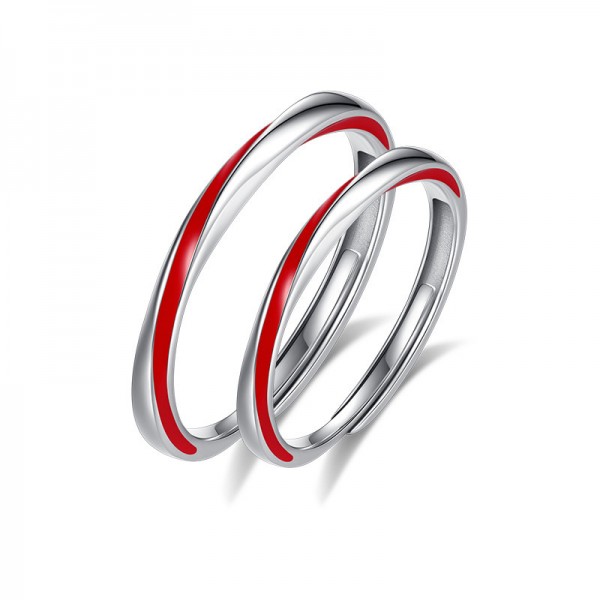 Engravable Red Line Mobius Strip Sterling Silver Couple Matching Rings