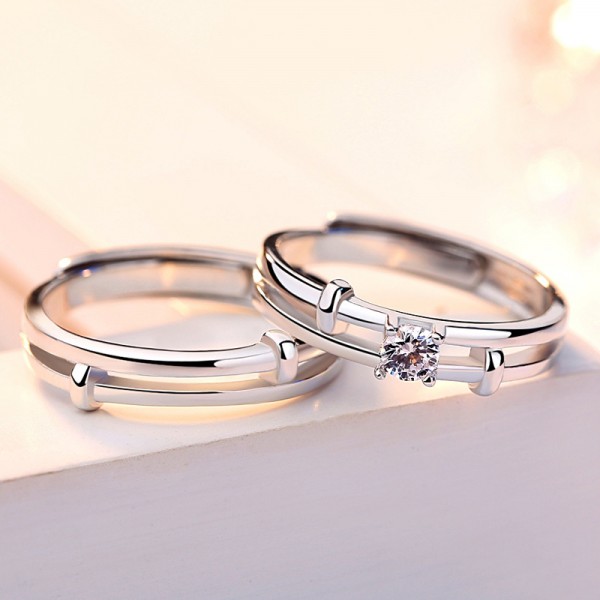 Engravable Round Cut Sterling Silver Adjustable Matching Couple Rings