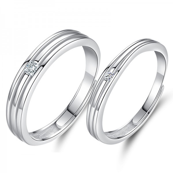 Engravable Hollow Out Lines Sterling Silver Adjustable Matching Couple Rings