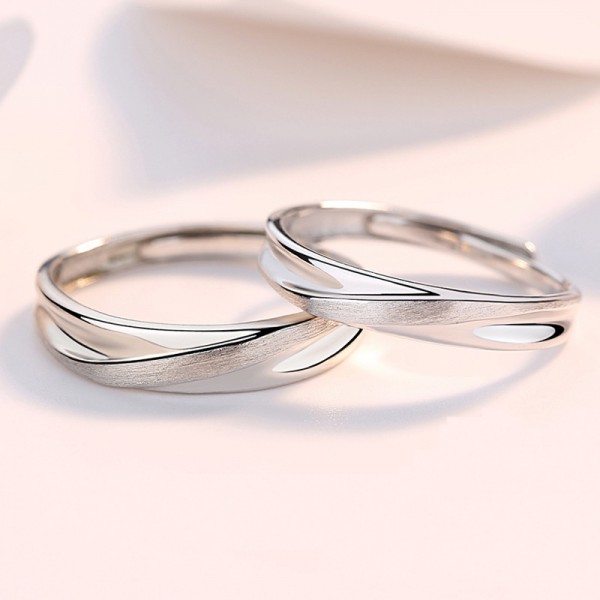 Engravable Frosted Strip Sterling Silver Adjustable Matching Couple Rings