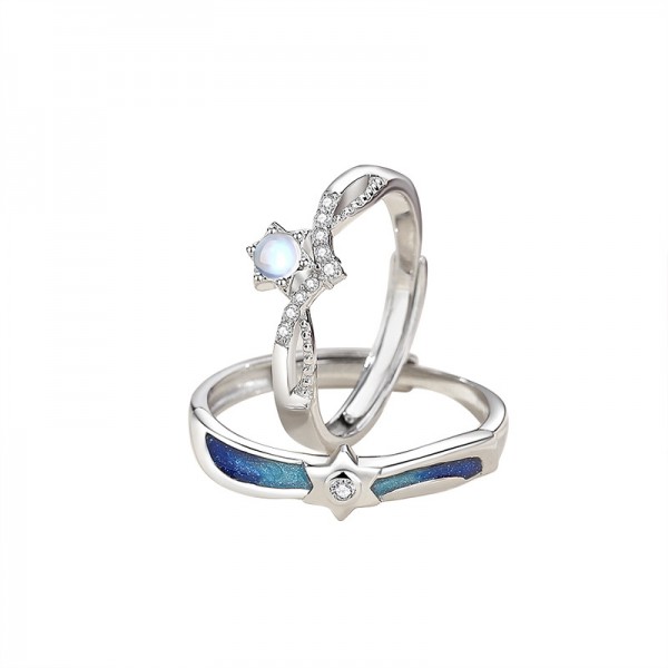 Inspired By Space Sterling Silver Moonstone Couple Matching Rings