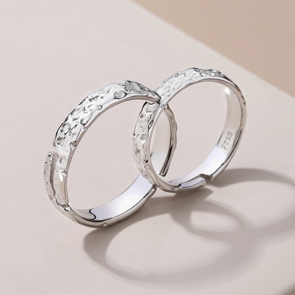 Engravable Meteorite Surface Sterling Silver Adjustable Couple Rings
