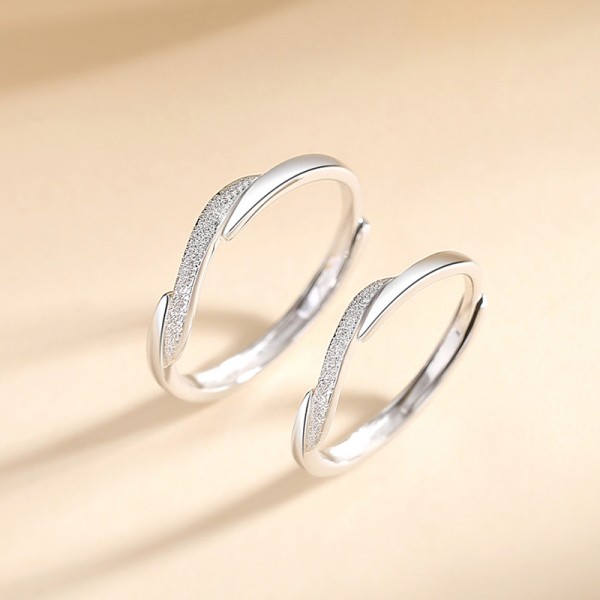 Engravable Frosted Strip Sterling Silver Adjustable Couple Rings