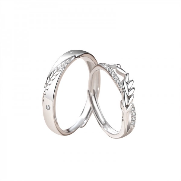 Engravable Wheat Shaped Sterling Silver Adjustable Couple Rings