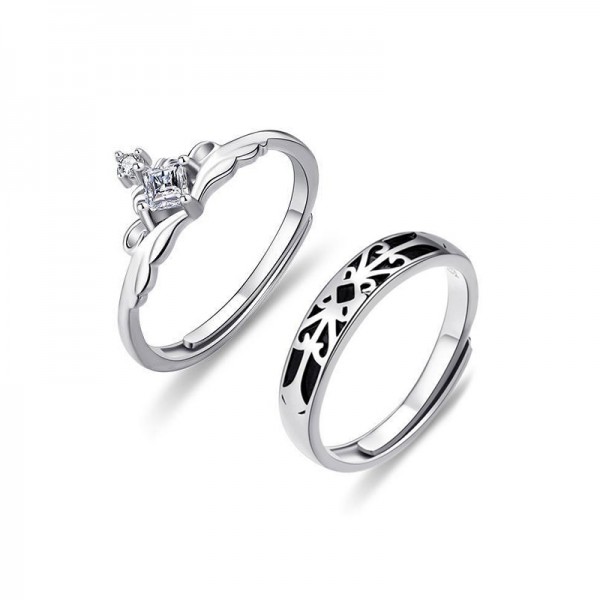 Engravable Knight Princess Crown Adjustable Couple Rings in Sterling Silver
