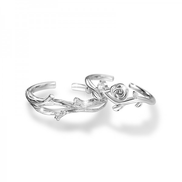 Engravable Bramble Rose Sterling Silver Adjustable Couple Rings