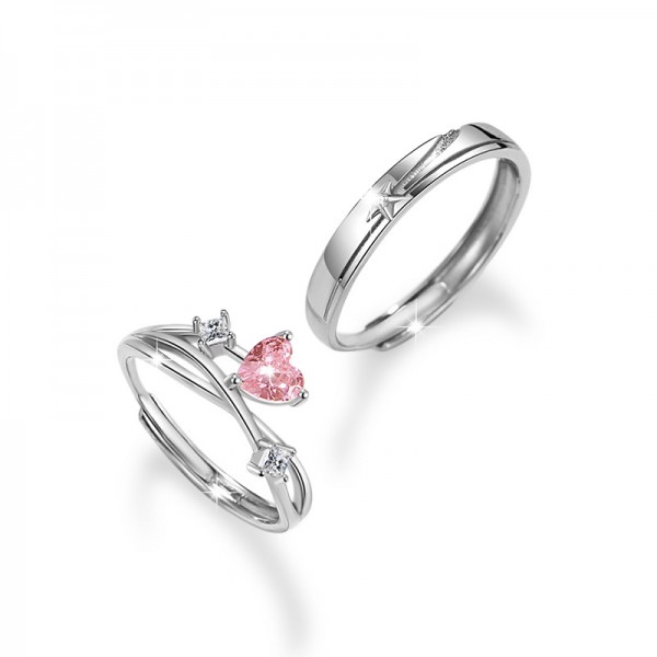 Engravable Heart Cut Sterling Silver Adjustable Couple Rings