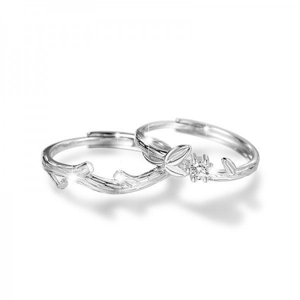 Engravable Branch Shaped Sterling Silver Adjustable Couple Rings