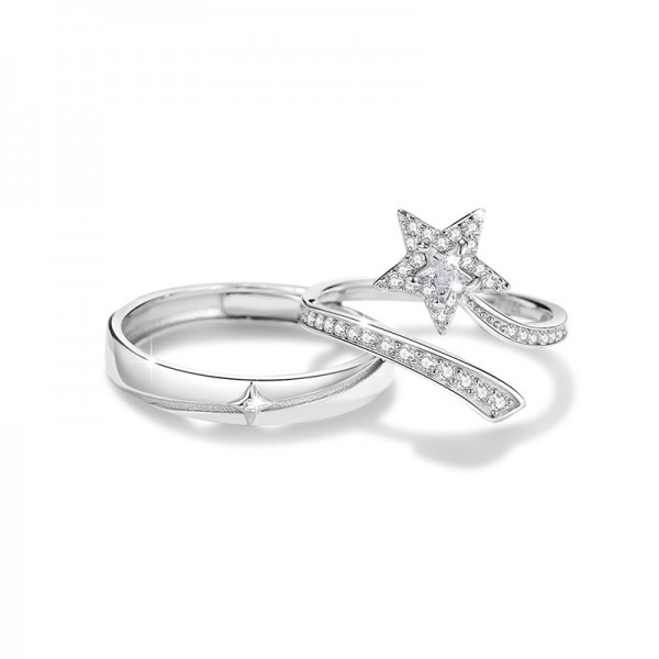 Engravable Star Cut Sterling Silver Adjustable Couple Rings